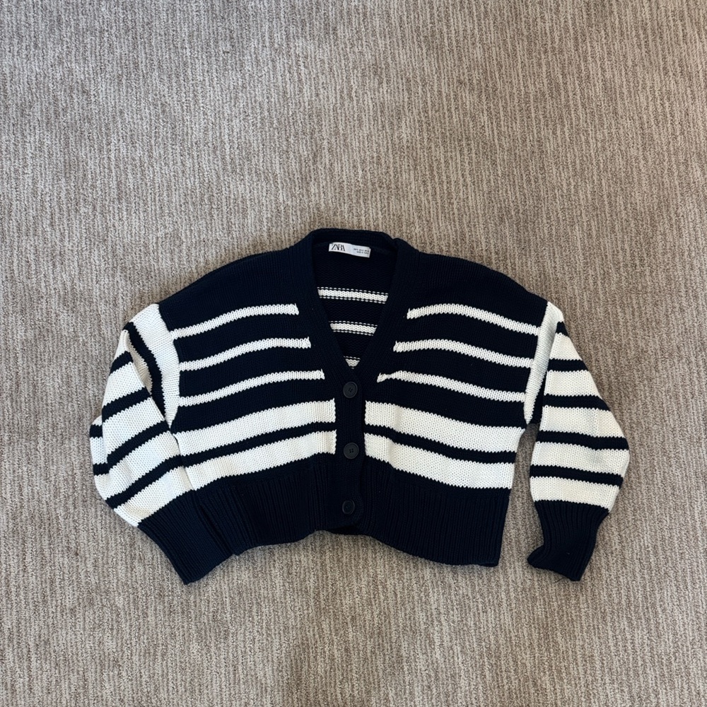 Zara Navy and White Striped Cardigan